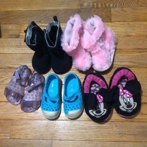 5 pair size 5 shoes: booties x 2, minnie slippers, bow jellies and rubber shoes